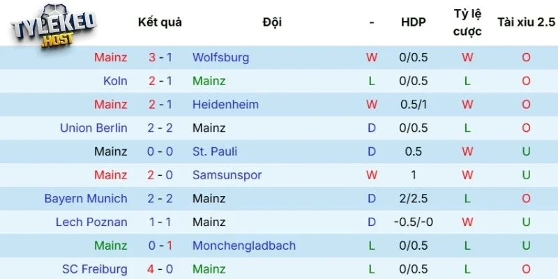 Thành tích gần đây của Mainz 05 tại mọi đấu trường
