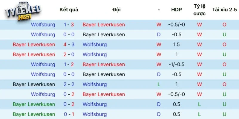 Lịch sử đối đầu của Leverkusen vs Wolfsburg